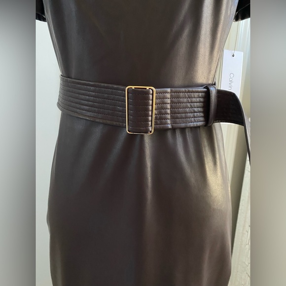 NWT Calvin Klein Belted Faux Leather Sheath Dress - Espresso Brown - Picture 14 of 16